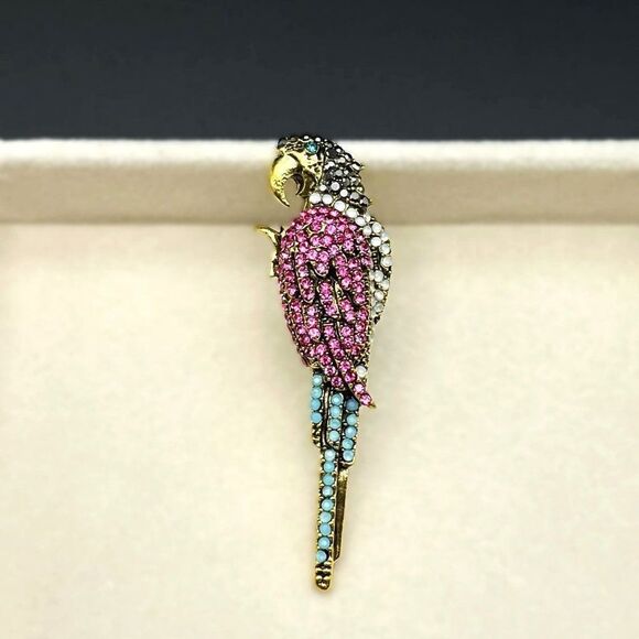 Yellow Gold with Pink Sapphire and Opal Crystal Tropical Parrot Pin Back Brooch - Picture 3 of 7